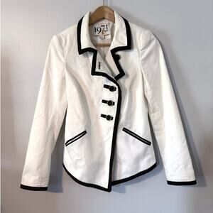 REISS 1971 collection white black asymmetrical tuxedo cotton stretch blazer